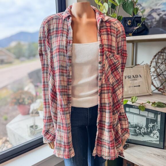 Free People Juniper Ridge Plaid Button Down Shirt w/ Raw Hem, Women's Large - Picture 14 of 15